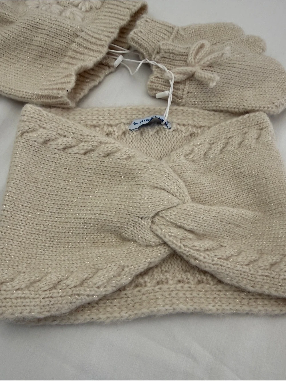 Mayoral Cream Knit Pom-Pom Hat, Mittens & Twisted Headband Set